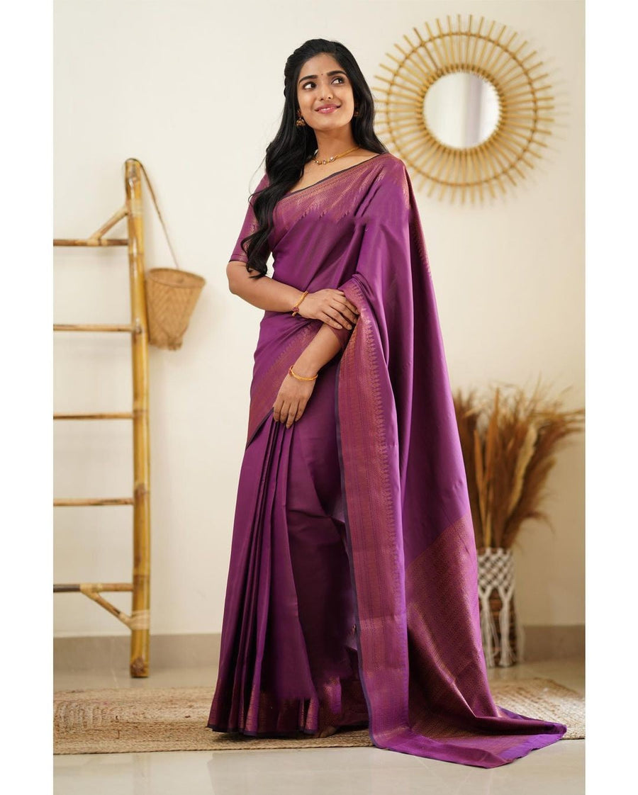 Desuetude Purple Soft Silk Saree With Dissemble Blouse Piece - Shop authentic Indian Women's Fashion by Silk Folks