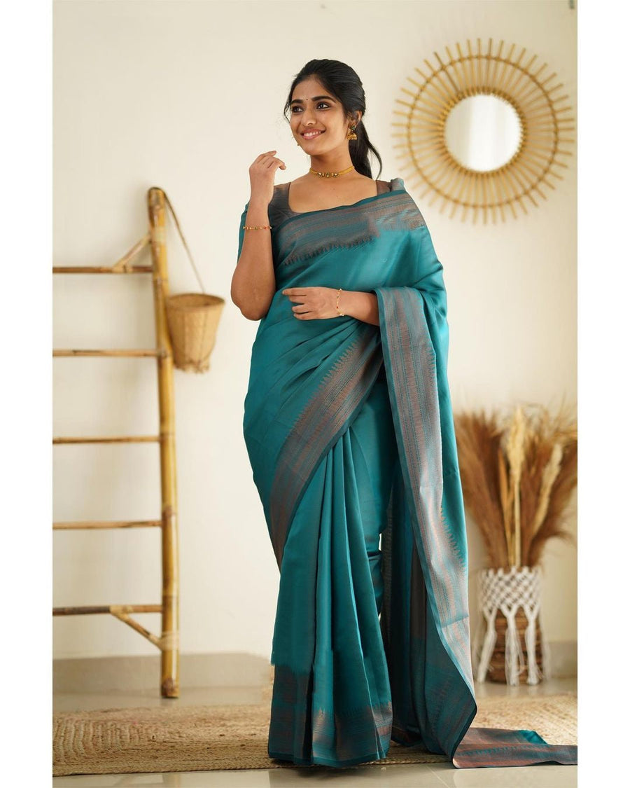 Eloquence Rama Soft Silk Saree With Lagniappe Blouse Piece - Shop authentic Indian Women's Fashion by Silk Folks