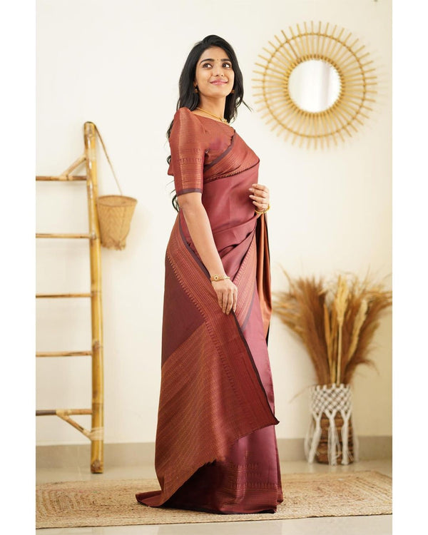 Moiety Wine Soft Silk Saree With Palimpsest Blouse Piece - Shop authentic Indian Women's Fashion by Silk Folks