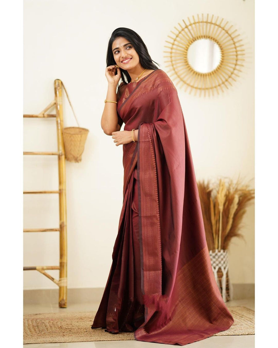 Moiety Wine Soft Silk Saree With Palimpsest Blouse Piece - Shop authentic Indian Women's Fashion by Silk Folks