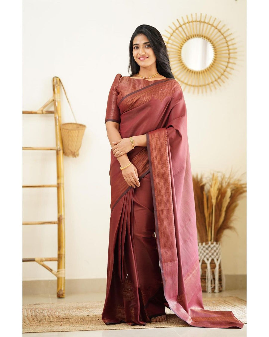 Moiety Wine Soft Silk Saree With Palimpsest Blouse Piece - Shop authentic Indian Women's Fashion by Silk Folks