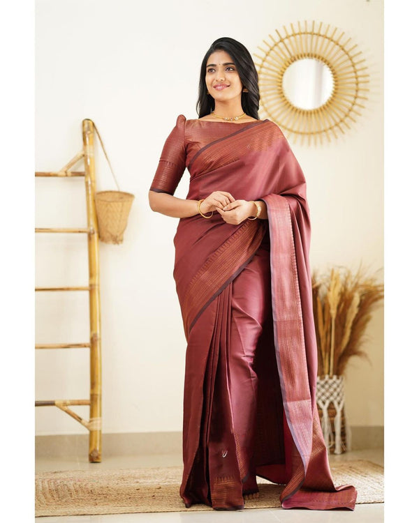 Moiety Wine Soft Silk Saree With Palimpsest Blouse Piece - Shop authentic Indian Women's Fashion by Silk Folks