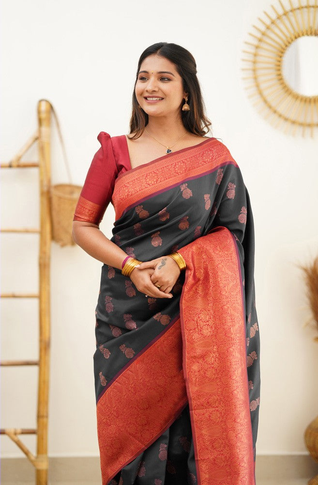 Scrumptious Black Soft Banarasi Silk Saree With Luxuriant Blouse Piece - Shop authentic Indian Women's Fashion by Silk Folks