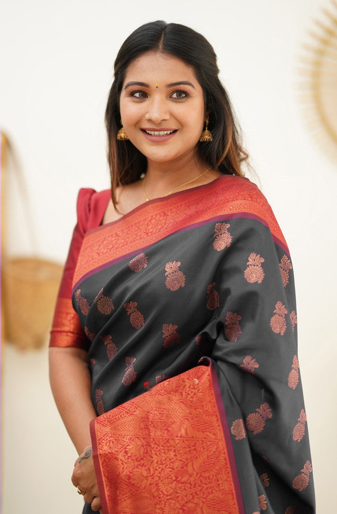 Scrumptious Black Soft Banarasi Silk Saree With Luxuriant Blouse Piece - Shop authentic Indian Women's Fashion by Silk Folks