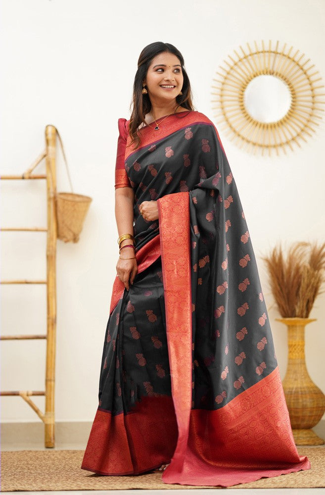 Scrumptious Black Soft Banarasi Silk Saree With Luxuriant Blouse Piece - Shop authentic Indian Women's Fashion by Silk Folks