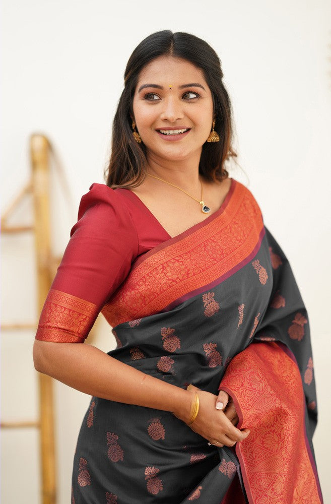 Scrumptious Black Soft Banarasi Silk Saree With Luxuriant Blouse Piece - Shop authentic Indian Women's Fashion by Silk Folks