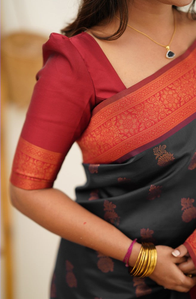 Scrumptious Black Soft Banarasi Silk Saree With Luxuriant Blouse Piece - Shop authentic Indian Women's Fashion by Silk Folks