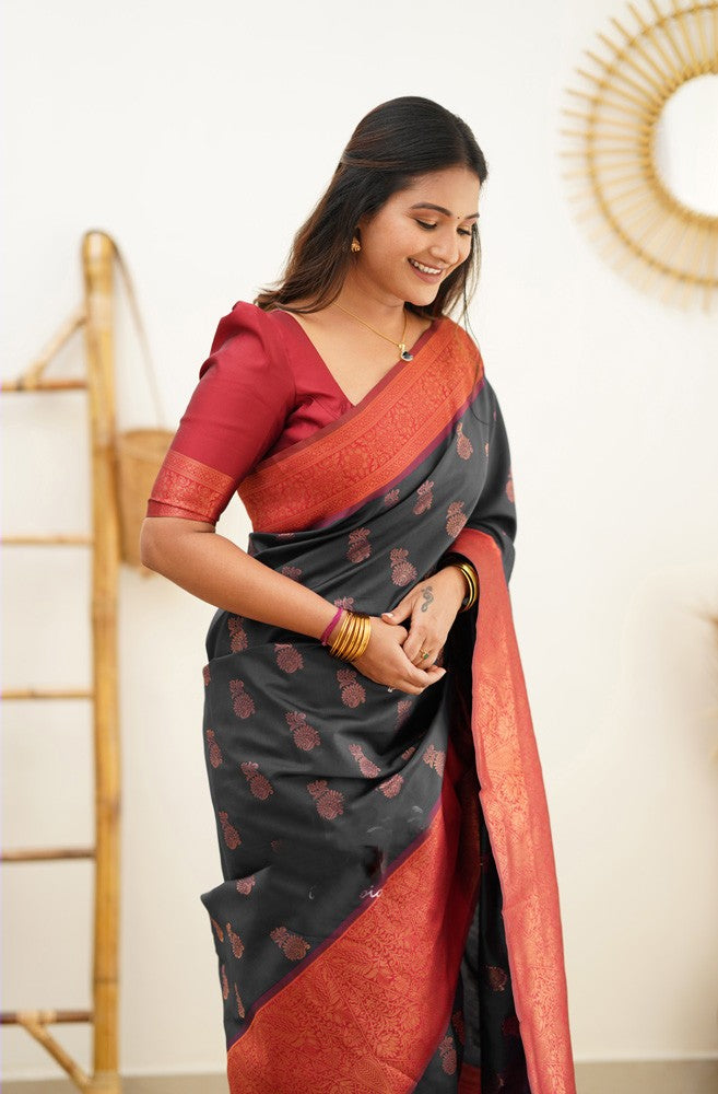 Scrumptious Black Soft Banarasi Silk Saree With Luxuriant Blouse Piece - Shop authentic Indian Women's Fashion by Silk Folks