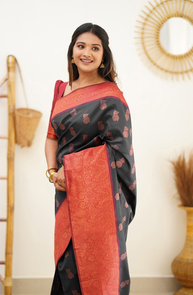 Scrumptious Black Soft Banarasi Silk Saree With Luxuriant Blouse Piece - Shop authentic Indian Women's Fashion by Silk Folks