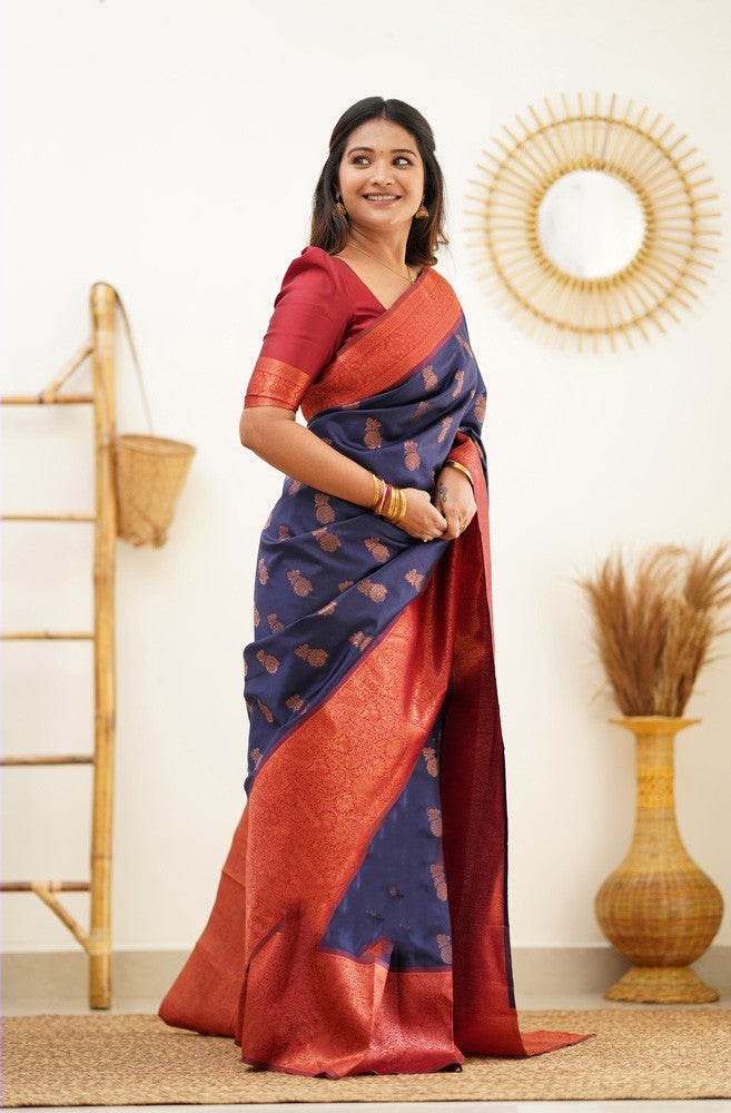 Magnetic Navy Blue Soft Banarasi Silk Saree With Confounding Blouse Pi - Shop authentic Indian Women's Fashion by Silk Folks