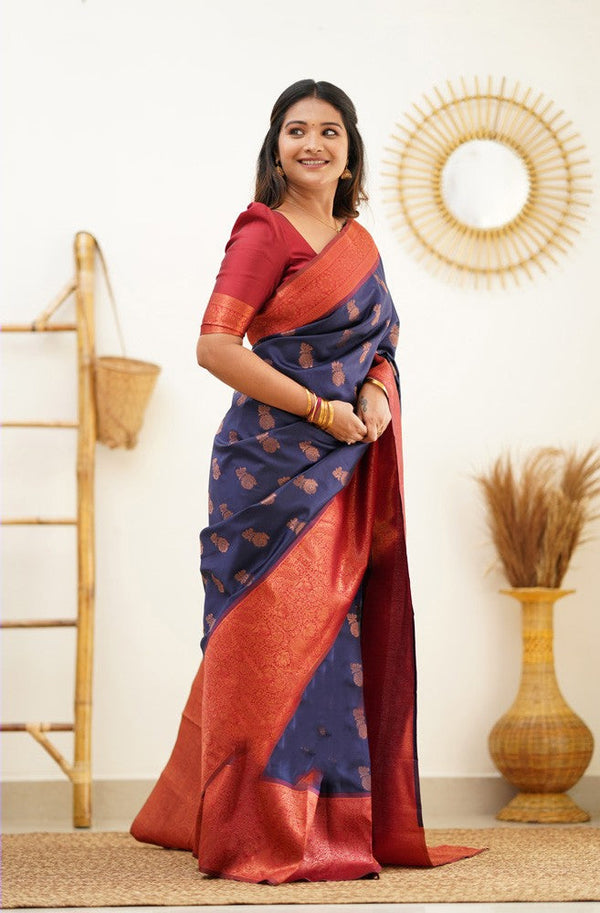 Magnetic Navy Blue Soft Banarasi Silk Saree With Confounding Blouse Pi - Shop authentic Indian Women's Fashion by Silk Folks