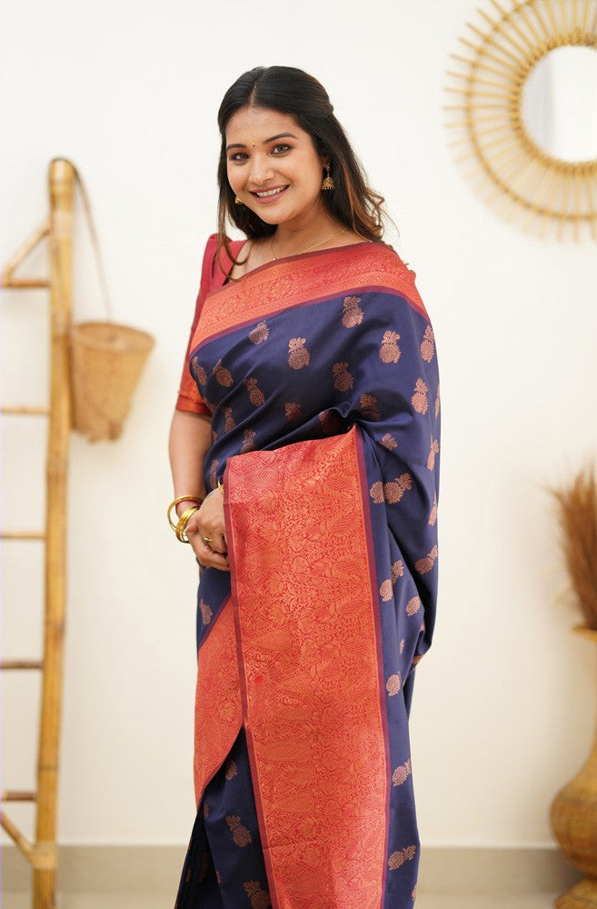 Magnetic Navy Blue Soft Banarasi Silk Saree With Confounding Blouse Pi - Shop authentic Indian Women's Fashion by Silk Folks
