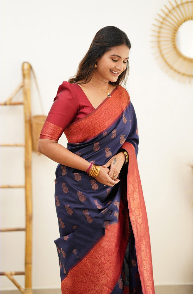 Magnetic Navy Blue Soft Banarasi Silk Saree With Confounding Blouse Pi - Shop authentic Indian Women's Fashion by Silk Folks