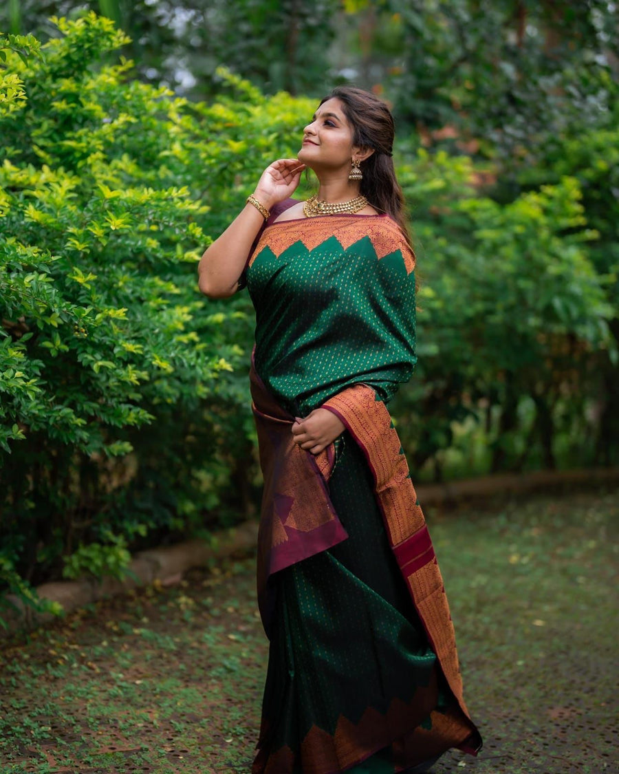 Stunning Green Soft Silk Saree With Innovative Blouse Piece - Shop authentic Indian Women's Fashion by Silk Folks