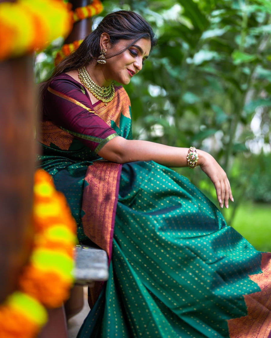 Stunning Green Soft Silk Saree With Innovative Blouse Piece - Shop authentic Indian Women's Fashion by Silk Folks