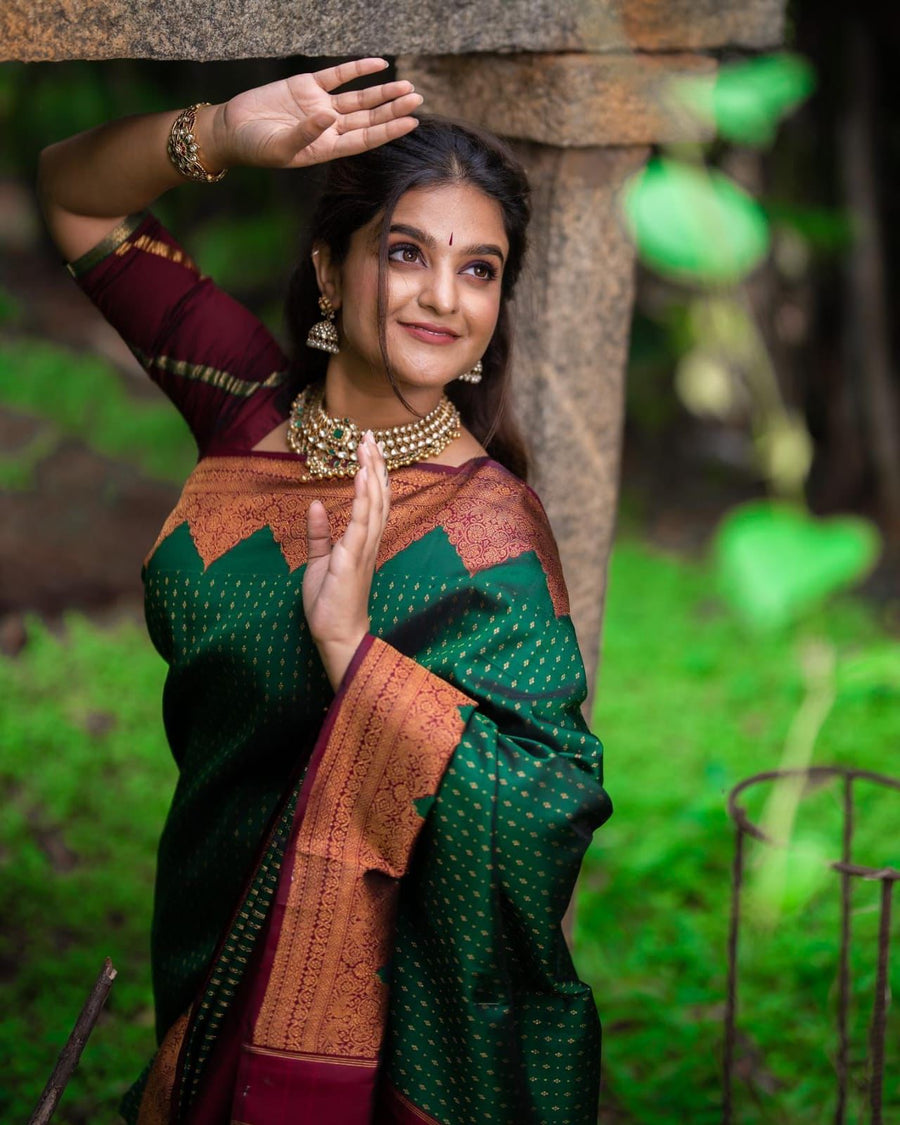 Stunning Green Soft Silk Saree With Innovative Blouse Piece - Shop authentic Indian Women's Fashion by Silk Folks
