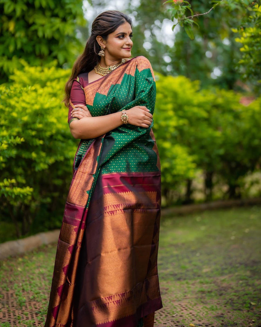 Stunning Green Soft Silk Saree With Innovative Blouse Piece - Shop authentic Indian Women's Fashion by Silk Folks