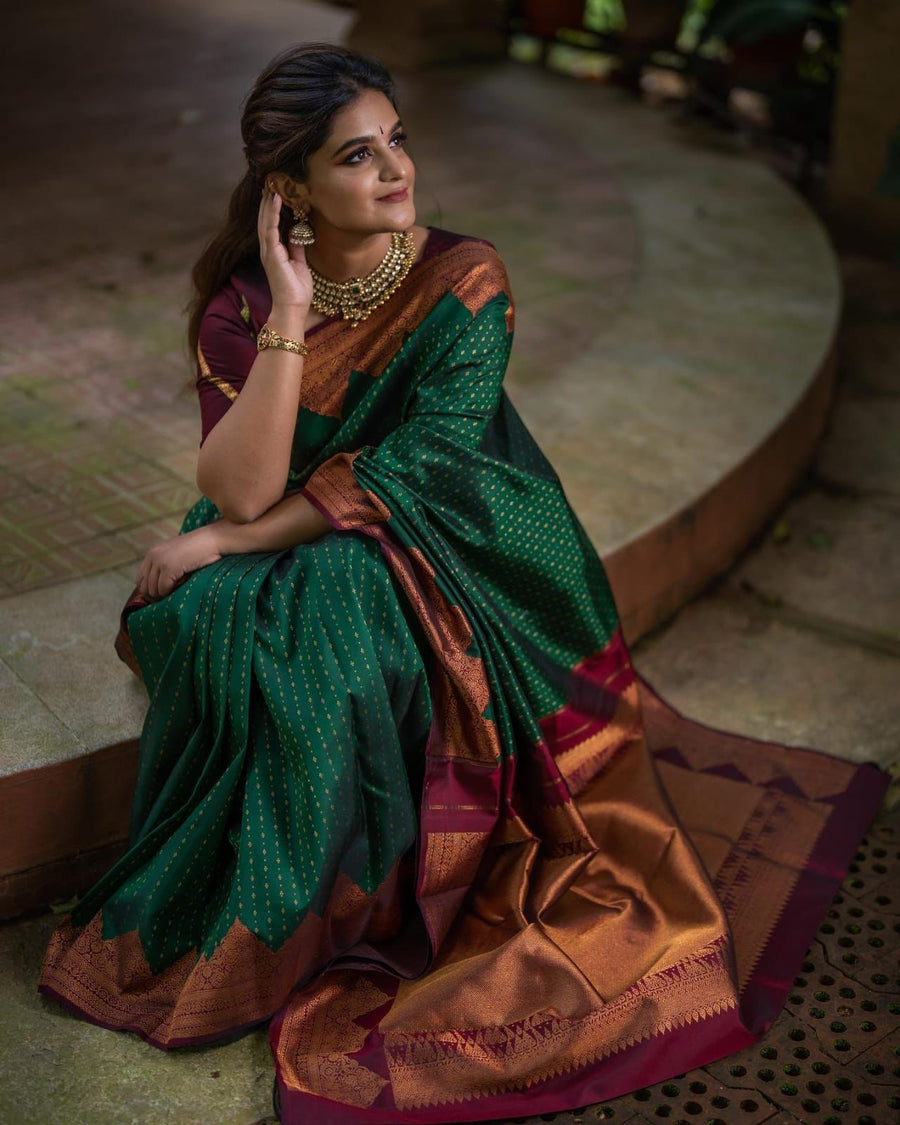 Stunning Green Soft Silk Saree With Innovative Blouse Piece - Shop authentic Indian Women's Fashion by Silk Folks