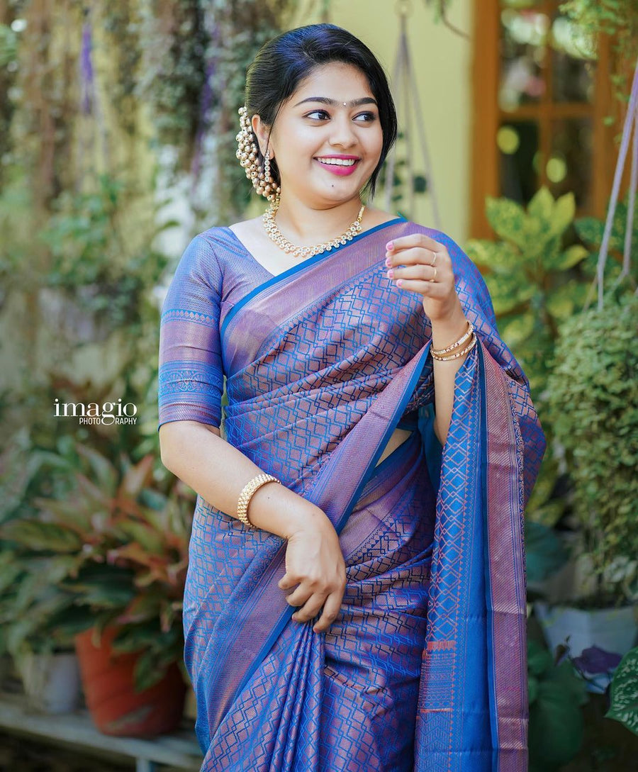 Scrumptious Blue Soft Silk Saree With Luxuriant Blouse Piece - Shop authentic Indian Women's Fashion by Silk Folks