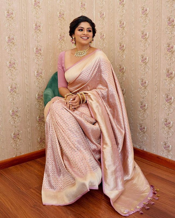 Excellent Baby Pink Soft Silk Saree With Effervescent Blouse Piece - Shop authentic Indian Women's Fashion by Silk Folks