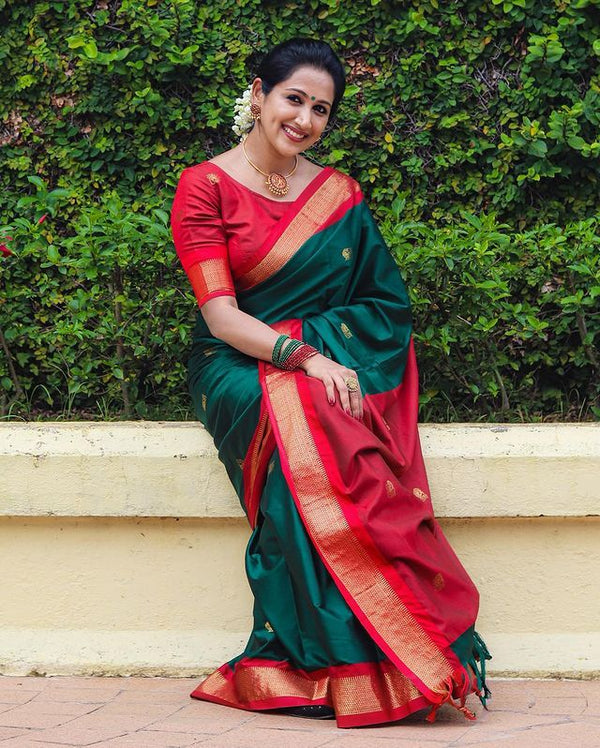 Outstanding Rama Soft Banarasi Silk Saree With Precious Blouse Piece - Shop authentic Indian Women's Fashion by Silk Folks