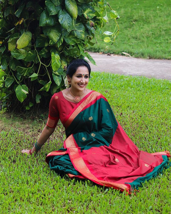 Outstanding Rama Soft Banarasi Silk Saree With Precious Blouse Piece - Shop authentic Indian Women's Fashion by Silk Folks