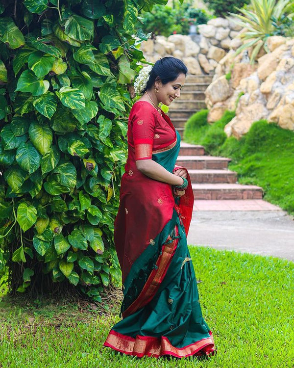 Outstanding Rama Soft Banarasi Silk Saree With Precious Blouse Piece - Shop authentic Indian Women's Fashion by Silk Folks