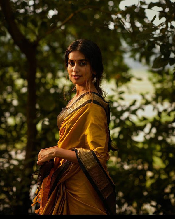 Elegant Yellow Soft Banarasi Silk Saree With Staring Blouse Piece - Shop authentic Indian Women's Fashion by Silk Folks