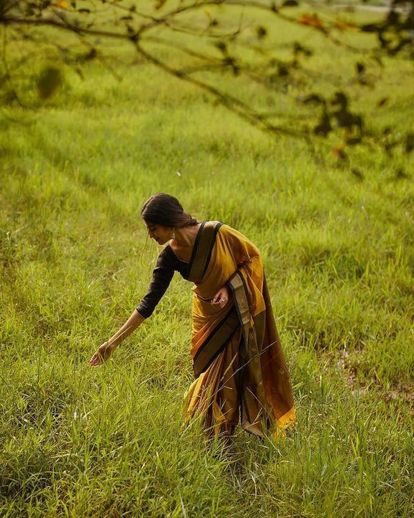 Elegant Yellow Soft Banarasi Silk Saree With Staring Blouse Piece - Shop authentic Indian Women's Fashion by Silk Folks