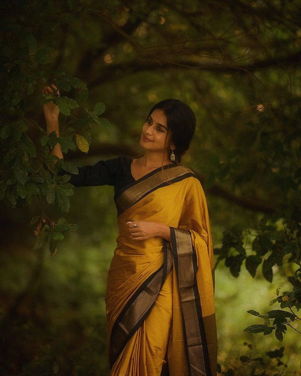 Elegant Yellow Soft Banarasi Silk Saree With Staring Blouse Piece - Shop authentic Indian Women's Fashion by Silk Folks