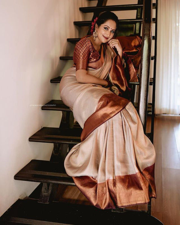 Traditional Beige Soft Silk Saree with Lissome Blouse Piece - Shop authentic Indian Women's Fashion by Silk Folks