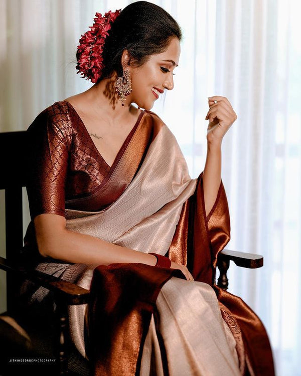 Traditional Beige Soft Silk Saree with Lissome Blouse Piece - Shop authentic Indian Women's Fashion by Silk Folks
