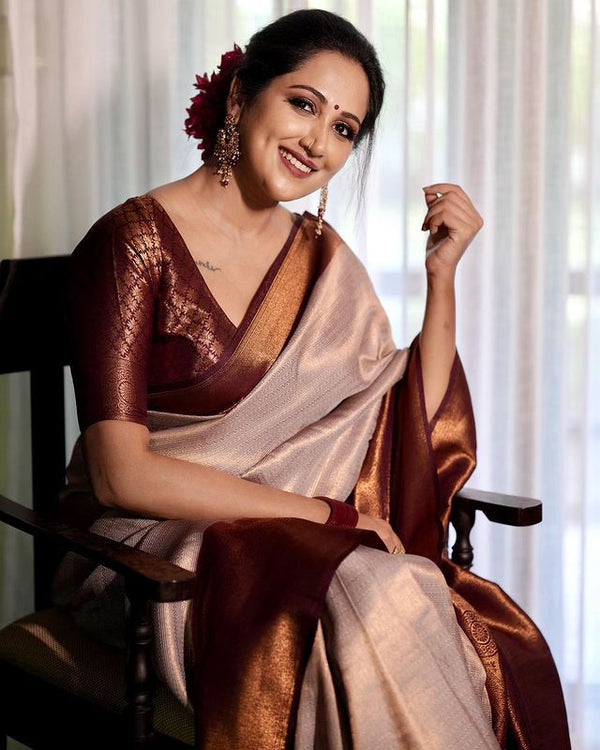 Traditional Beige Soft Silk Saree with Lissome Blouse Piece - Shop authentic Indian Women's Fashion by Silk Folks