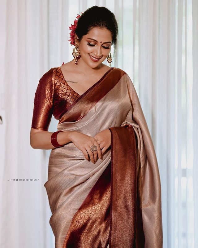 Traditional Beige Soft Silk Saree with Lissome Blouse Piece - Shop authentic Indian Women's Fashion by Silk Folks