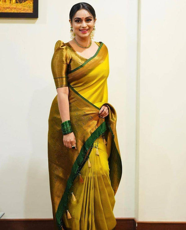 Wonderful Yellow Soft Banarasi Silk Saree With Girlish Blouse Piece - Shop authentic Indian Women's Fashion by Silk Folks