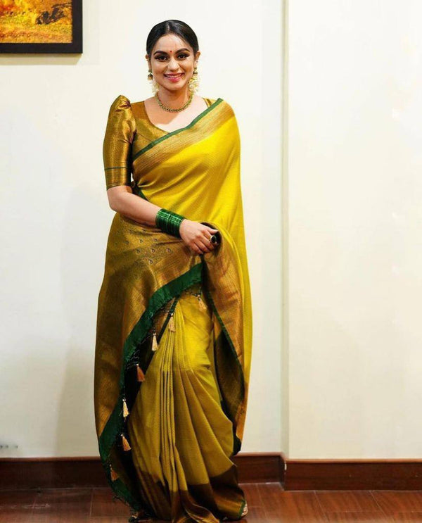 Wonderful Yellow Soft Banarasi Silk Saree With Girlish Blouse Piece - Shop authentic Indian Women's Fashion by Silk Folks