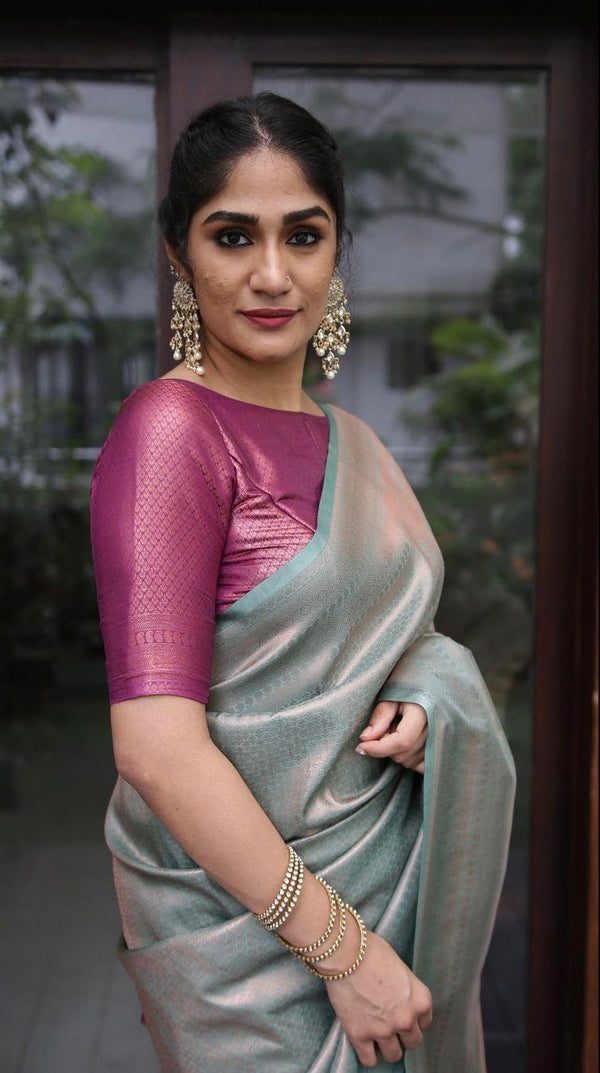 Conflate Sea Green Soft Silk Saree with Cynosure Blouse Piece - Shop authentic Indian Women's Fashion by Silk Folks