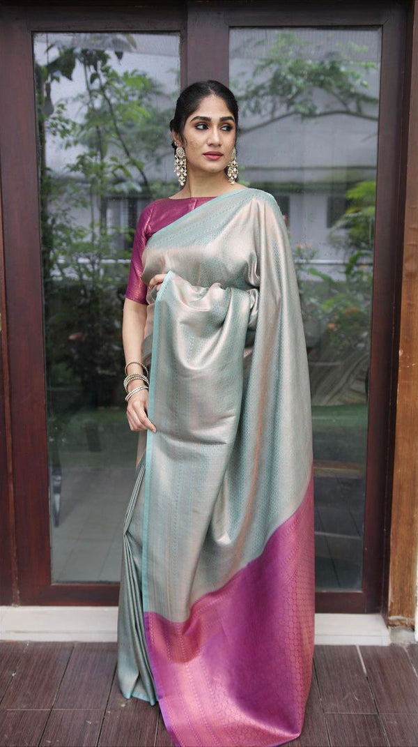 Conflate Sea Green Soft Silk Saree with Cynosure Blouse Piece - Shop authentic Indian Women's Fashion by Silk Folks