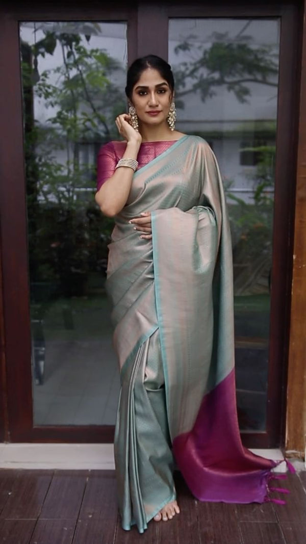 Conflate Sea Green Soft Silk Saree with Cynosure Blouse Piece - Shop authentic Indian Women's Fashion by Silk Folks