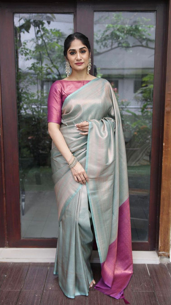 Conflate Sea Green Soft Silk Saree with Cynosure Blouse Piece - Shop authentic Indian Women's Fashion by Silk Folks