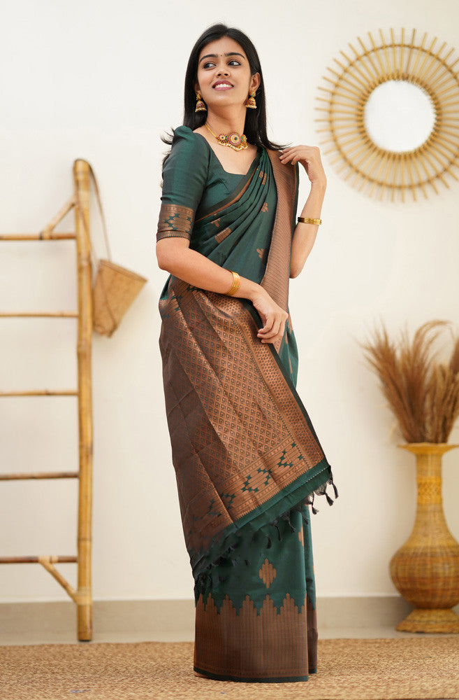 Attractive Dark Green Soft Silk Saree With Refreshing Blouse Piece - Shop authentic Indian Women's Fashion by Silk Folks