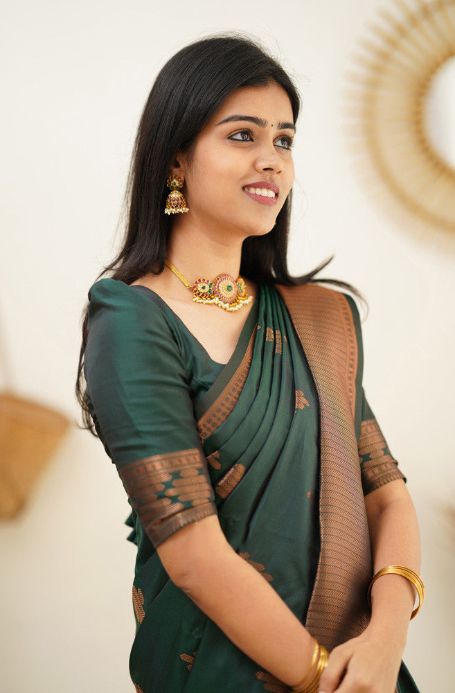Attractive Dark Green Soft Silk Saree With Refreshing Blouse Piece - Shop authentic Indian Women's Fashion by Silk Folks
