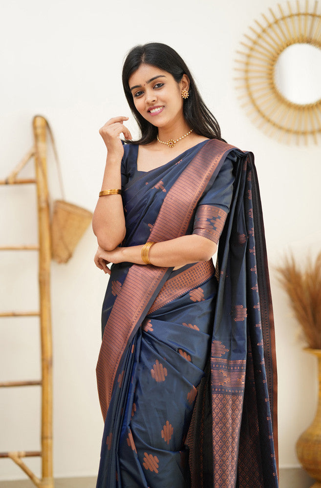 Staring Navy Blue Soft Silk Saree With Beautiful Blouse Piece - Shop authentic Indian Women's Fashion by Silk Folks