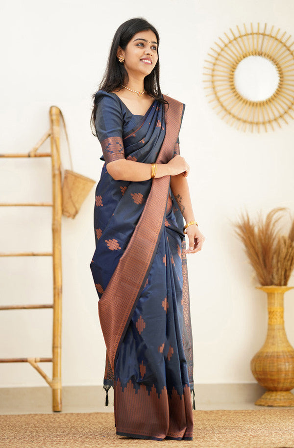 Staring Navy Blue Soft Silk Saree With Beautiful Blouse Piece - Shop authentic Indian Women's Fashion by Silk Folks