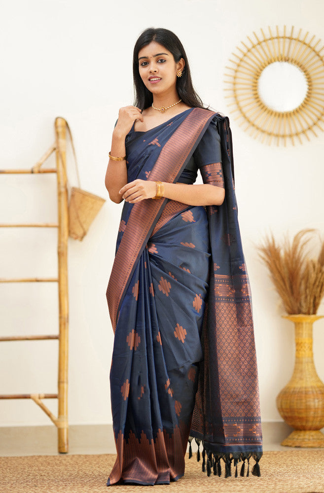 Staring Navy Blue Soft Silk Saree With Beautiful Blouse Piece - Shop authentic Indian Women's Fashion by Silk Folks