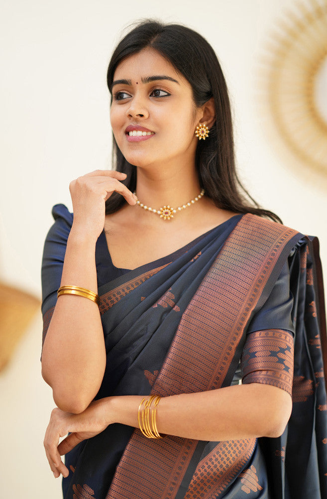 Staring Navy Blue Soft Silk Saree With Beautiful Blouse Piece - Shop authentic Indian Women's Fashion by Silk Folks