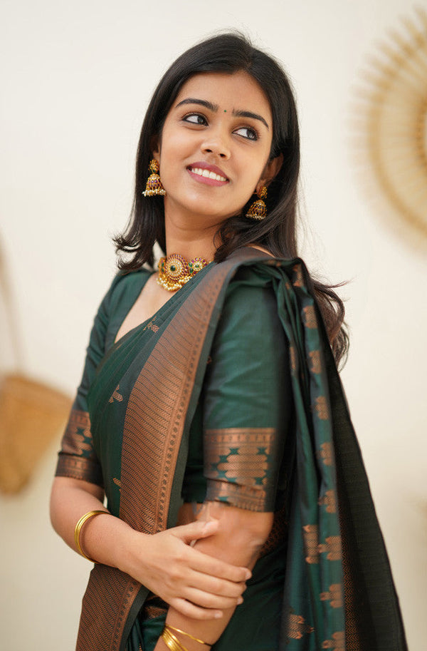 Attractive Dark Green Soft Silk Saree With Refreshing Blouse Piece - Shop authentic Indian Women's Fashion by Silk Folks