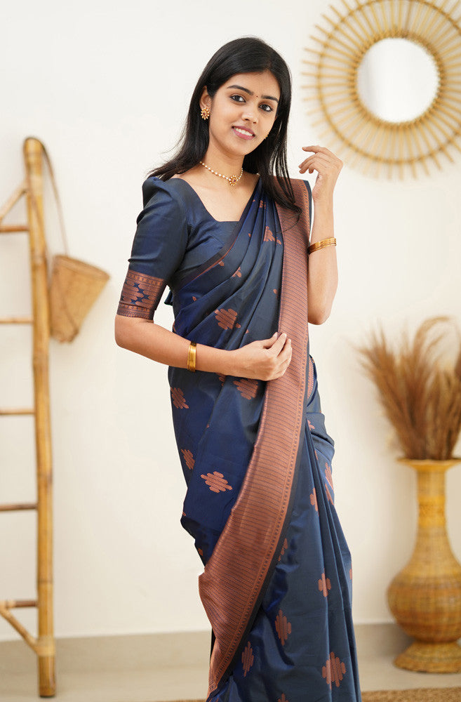 Staring Navy Blue Soft Silk Saree With Beautiful Blouse Piece - Shop authentic Indian Women's Fashion by Silk Folks