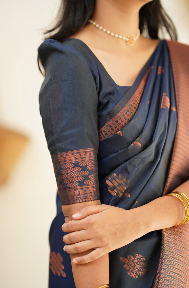 Staring Navy Blue Soft Silk Saree With Beautiful Blouse Piece - Shop authentic Indian Women's Fashion by Silk Folks