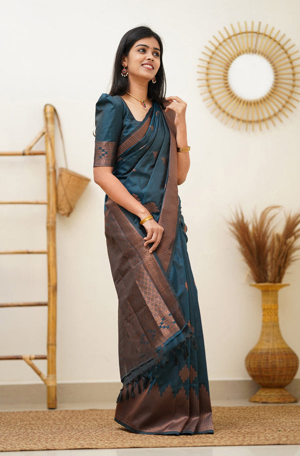 Prominent Rama Soft Silk Saree With Blissful Blouse Piece - Shop authentic Indian Women's Fashion by Silk Folks